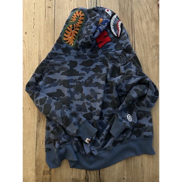 BAPE A Bathing Ape Full Zip Shark Hoodie Blue Camo WGM Youth Kids L Distressed* - Picture 3 of 12